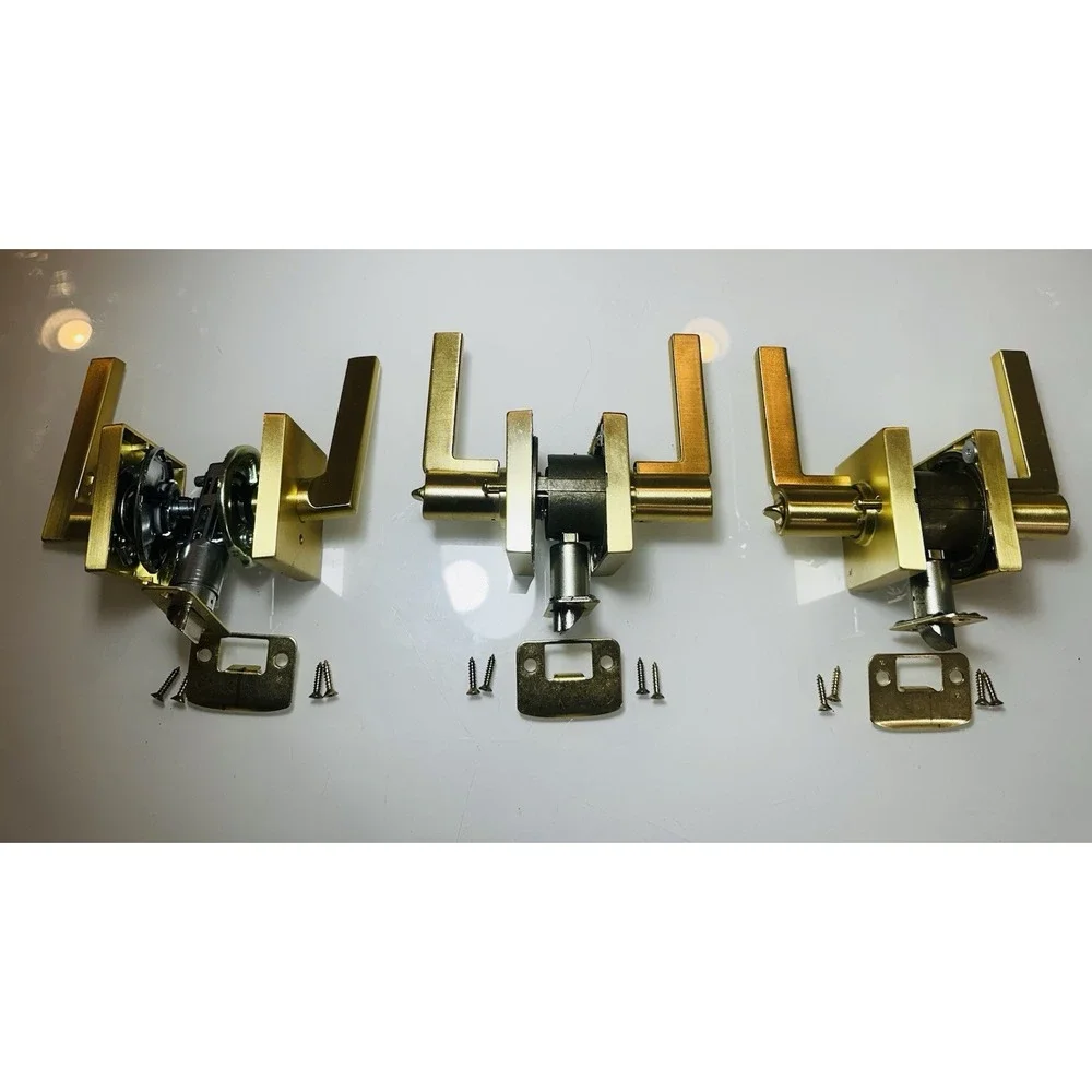 Lot of 3 Modern Square Gold Lever Door Handles Satin Brass Lock Without Keys